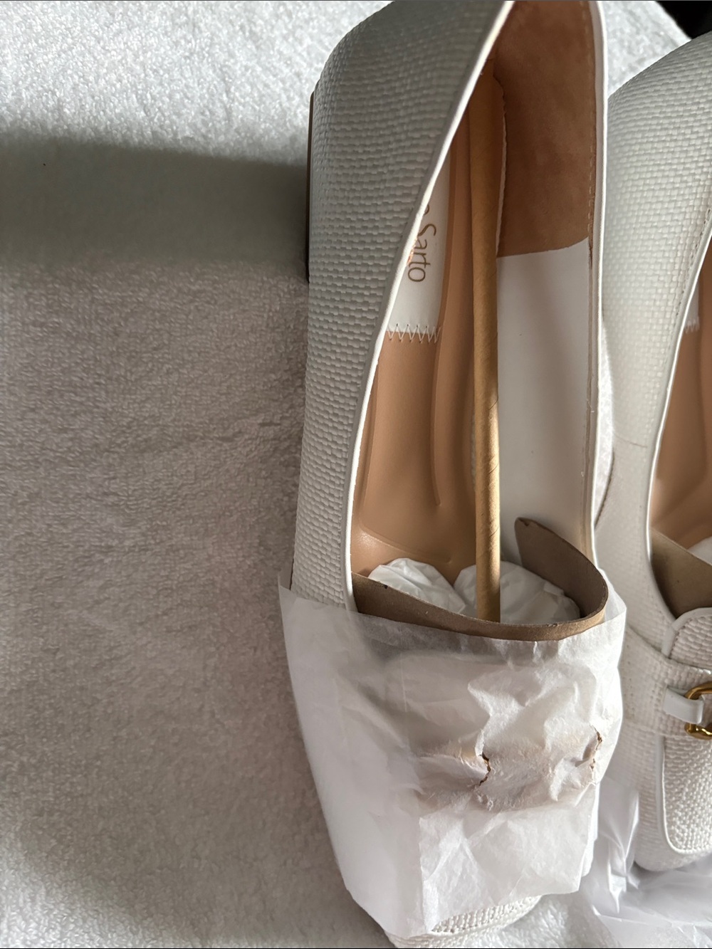 Franco Sarto White Woven Loafers with Gold Chain Accent - Picture 3 of 6